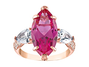 14K Rose Gold Over Sterling Silver Lab Created Pink Sapphire, Aquamarine and Lab White Sapphire Ring