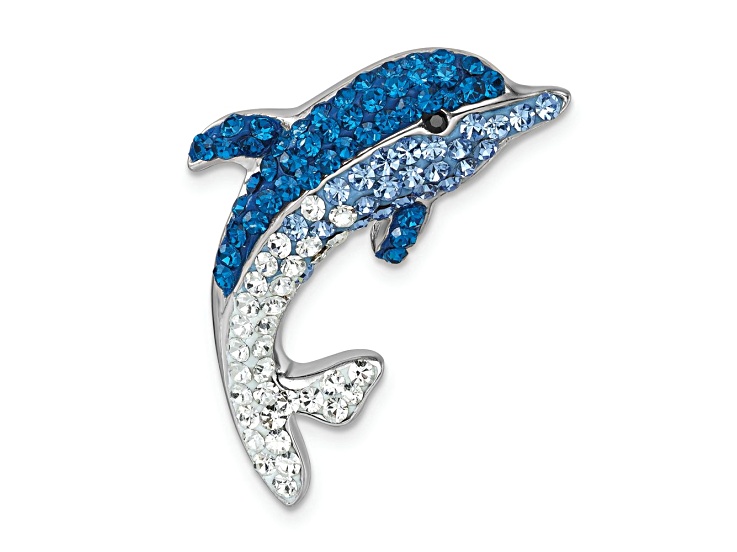 Rhodium Over Sterling Silver Large Crystal Dolphin Slide Pendant