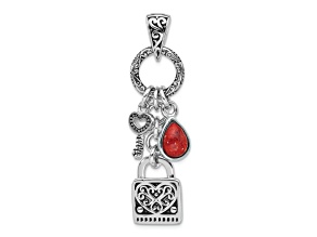 Rhodium Over Sterling Silver Oxidized Enamel Red Sponge Coral Lock and Key Pendant