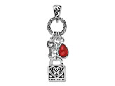 Rhodium Over Sterling Silver Oxidized Enamel Red Sponge Coral Lock and Key Pendant