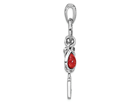 Rhodium Over Sterling Silver Oxidized Enamel Red Sponge Coral Lock and Key Pendant