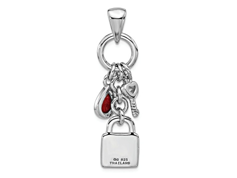 Rhodium Over Sterling Silver Oxidized Enamel Red Sponge Coral Lock and Key Pendant