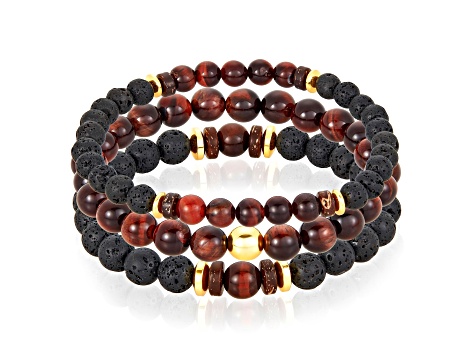 Invicta Jewelry Men's Red Tiger Eye, Lava and Hematite Stone Bead Stretch Bracelets