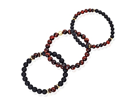 Invicta Jewelry Men's Red Tiger Eye, Lava and Hematite Stone Bead Stretch Bracelets