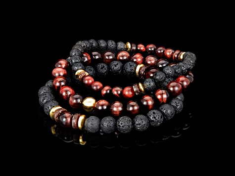 Invicta Jewelry Men's Red Tiger Eye, Lava and Hematite Stone Bead Stretch Bracelets