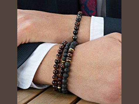 Invicta Jewelry Men's Red Tiger Eye, Lava and Hematite Stone Bead Stretch Bracelets