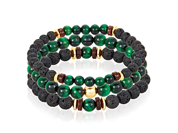 Invicta Jewelry Men's Green Tiger Eye, Lava and Hematite Stone Bead Stretch Bracelets