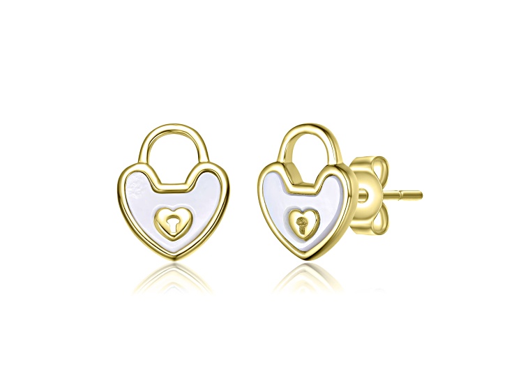 White Mother Of Pearl, 14K Gold Plated over Sterling Silver Heart Lock Design Stud Earrings for Kids