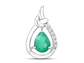 Green Zambian Emerald and White Diamond 10K White Gold Crossover Pendant 1.18ctw
