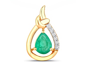 Green Zambian Emerald and White Diamond 10K Yellow Gold Crossover Pendant 1.18ctw