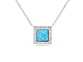 Lab Created Blue Opal with Moissanite Accents Rhodium Over Sterling Silver Necklace 1.15ctw