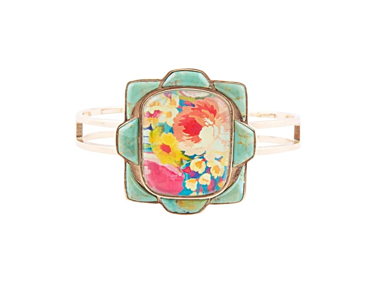 Barse Jewelry Blue Turquoise Gold Tone Scenic Floral Cuff Bracelet