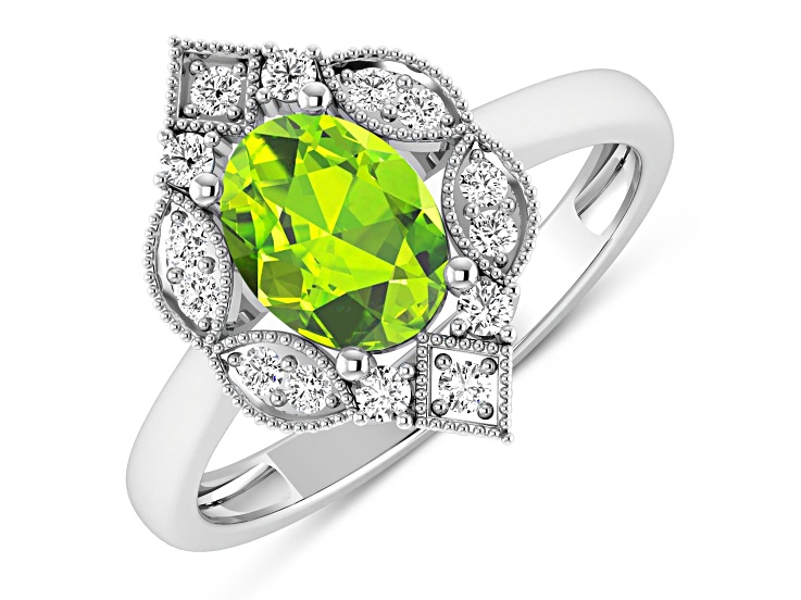 1.25ctw Green Peridot and Diamond 14K White Gold Halo Ring