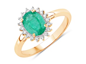 Green Zambian Emerald and White Diamond 10K Yellow Gold Halo Ring 1.34ctw