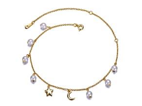 White Pearls, 14K Gold Plated over Sterling Silver with Star Charms Anklet