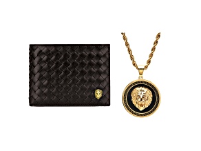 Braided Black Leather Lionhead Wallet and Lion Head Pendant Set