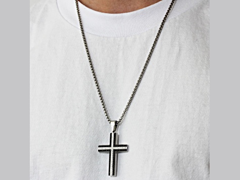 Black Ion-Plated Stainless Steel and Diamond Cross Pendant With Chain 0.75ctw