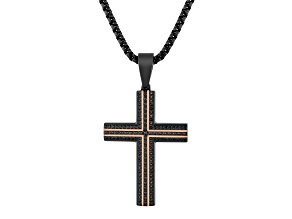 Two-tone Stainless Steel and Black Diamond Cross Pendant With Chain 0.75ctw