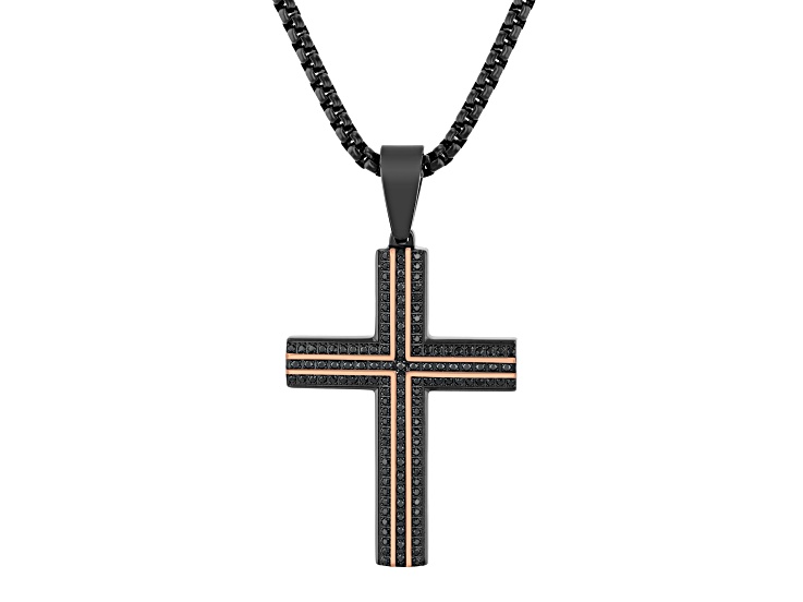 Two-tone Stainless Steel and Black Diamond Cross Pendant With Chain 0.75ctw