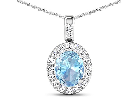 1.90ctw 14K White Gold Oval Aquamarine and White Diamond Pendant with 18 inch Cable Chain
