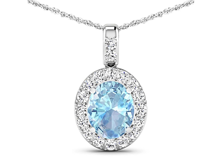 1.90ctw 14K White Gold Oval Aquamarine and White Diamond Pendant with 18 inch Cable Chain