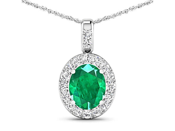 2.15ctw 14K White Gold Zambian Emerald and White Diamond Pendant with 18 inch Cable Chain