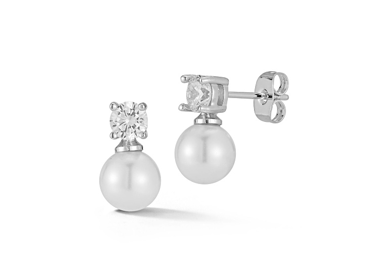Rachel Zoe Rhodium Over Brass Simulated Pearl and Cubic Zirconia Drop Earrings