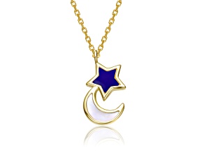 Mother of Pearl & Blue Enamel, 14K Gold Plated over Brass Star & Moon Pendant Necklace For Kids