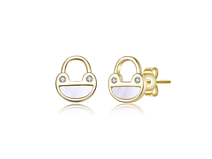White Mother of Pearl, 14K Gold Plated over Brass Frog Design Stud Earrings for Kids