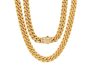 Men's 18K Yellow Gold Over Stainless Steel Thick Cuban Link Cubic Zirconia Necklace With Box Clasp