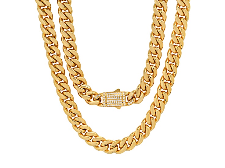 Men's 18K Yellow Gold Over Stainless Steel Thick Cuban Link Cubic Zirconia Necklace With Box Clasp