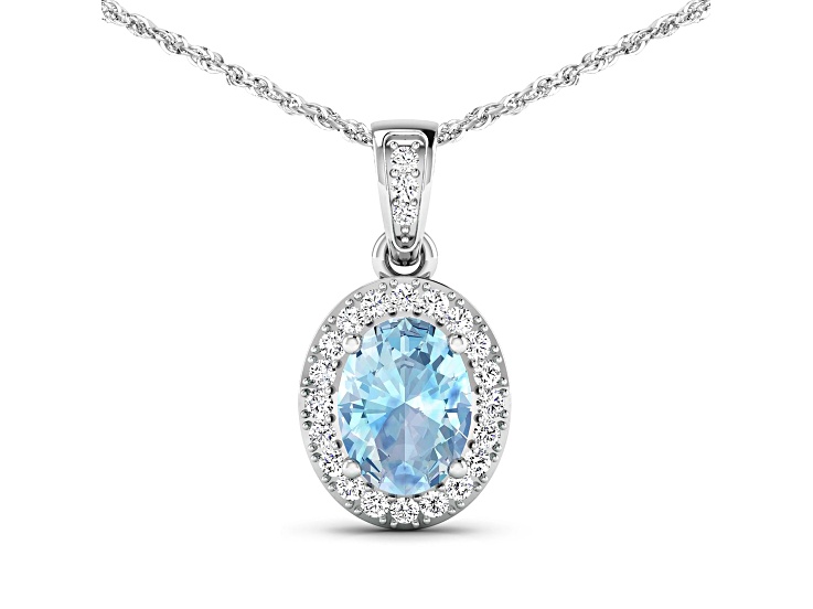 0.96ctw 14K White Gold Aquamarine and White Diamond Pendant with 18 inch Cable Chain