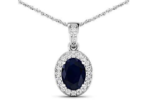 1.30ctw 14K White Gold Blue Sapphire and White Diamond Pendant with 18 inch Cable Chain
