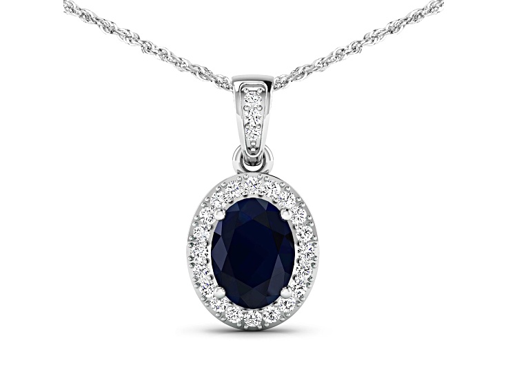 1.30ctw 14K White Gold Blue Sapphire and White Diamond Pendant with 18 inch Cable Chain