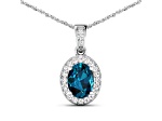 1.10ctw 14K White Gold Blue London Blue Topaz and White Diamond Pendant with 18 inch Cable Chain