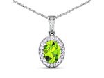 1.05ctw 14K White Gold Oval Peridot and White Diamond Pendant with 18 inch Cable Chain