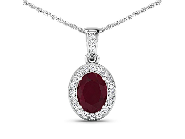 1.50ctw 14K White Gold Ruby and White Diamond Pendant with 18 inch Cable Chain
