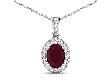 1.50ctw 14K White Gold Ruby and White Diamond Pendant with 18 inch Cable Chain