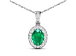 1.0ctw 14K White Gold Zambian Emerald and White Diamond Pendant with 18 inch Cable Chain