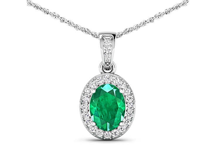 1.0ctw 14K White Gold Zambian Emerald and White Diamond Pendant with 18 inch Cable Chain