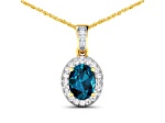 1.10ctw 14K Yellow Gold Blue London Blue Topaz and White Diamond Pendant with 18 inch Cable Chain