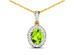 1.05ctw 14K Yellow Gold Oval Peridot and White Diamond Pendant with 18 inch Cable Chain