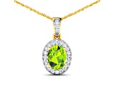 1.05ctw 14K Yellow Gold Oval Peridot and White Diamond Pendant with 18 inch Cable Chain