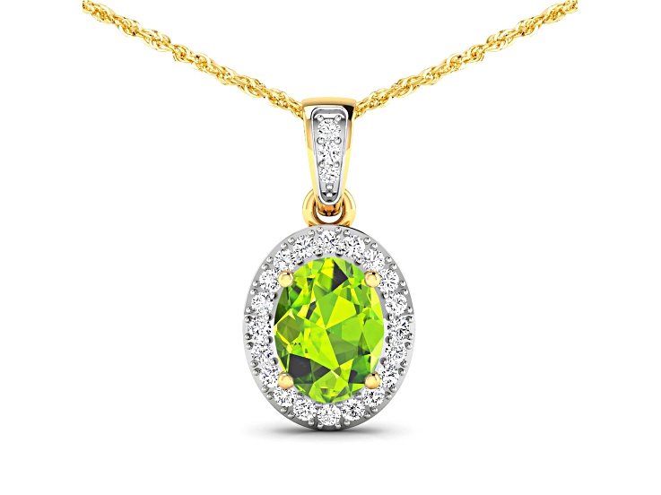 1.05ctw 14K Yellow Gold Oval Peridot and White Diamond Pendant with 18 inch Cable Chain