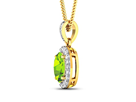 1.05ctw 14K Yellow Gold Oval Peridot and White Diamond Pendant with 18 inch Cable Chain