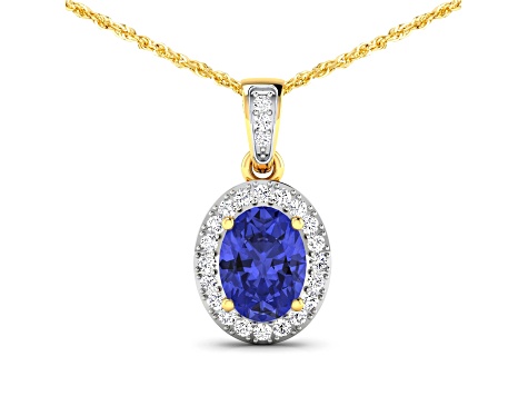 1.09ctw 14K Yellow Gold Tanzanite and White Diamond Pendant with 18 inch Cable Chain