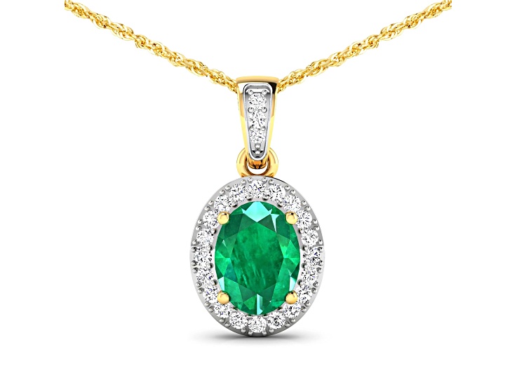 1.0ctw 14K Yellow Gold Zambian Emerald and White Diamond Pendant with 18 inch Cable Chain