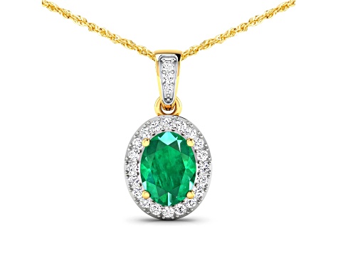 1.0ctw 14K Yellow Gold Zambian Emerald and White Diamond Pendant with 18 inch Cable Chain