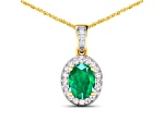 1.0ctw 14K Yellow Gold Zambian Emerald and White Diamond Pendant with 18 inch Cable Chain