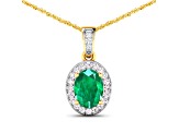 1.0ctw 14K Yellow Gold Zambian Emerald and White Diamond Pendant with 18 inch Cable Chain
